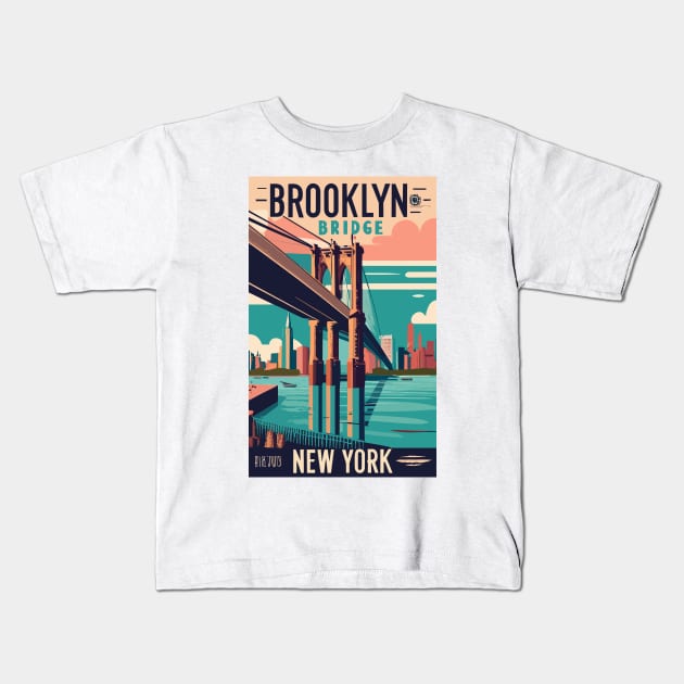 A Vintage Travel Art of the Brooklyn Bridge in New York - US Kids T-Shirt by goodoldvintage